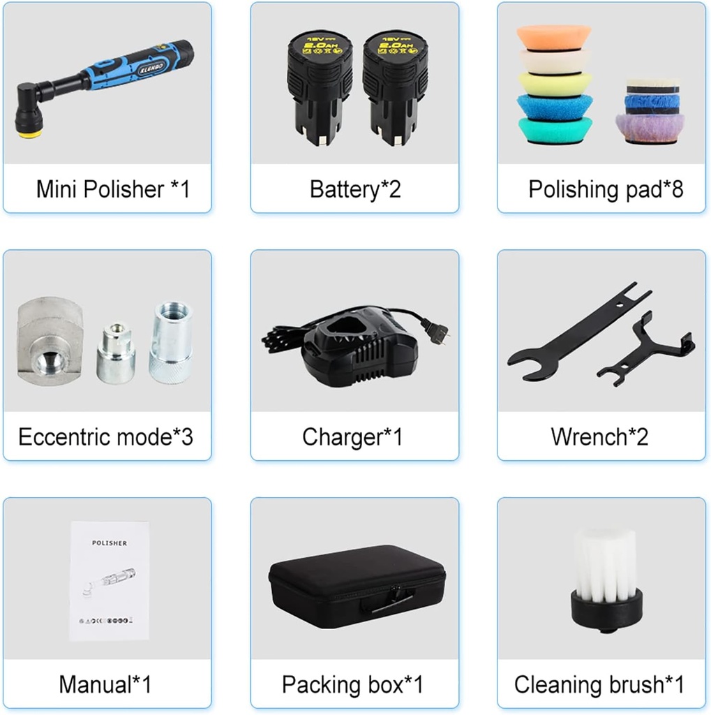 BROTHERS SMALL-BATTERY-POLISHER Dual Action & Rotary Cordless Polisher With 2 Battery 12V 1 inch 3/12mm Throw 800W صاروخ تلميع بالبطارية برازرز (دول اكشن) 1 بوصة 12 فولت BR-SMALL BATTERY POLISHER