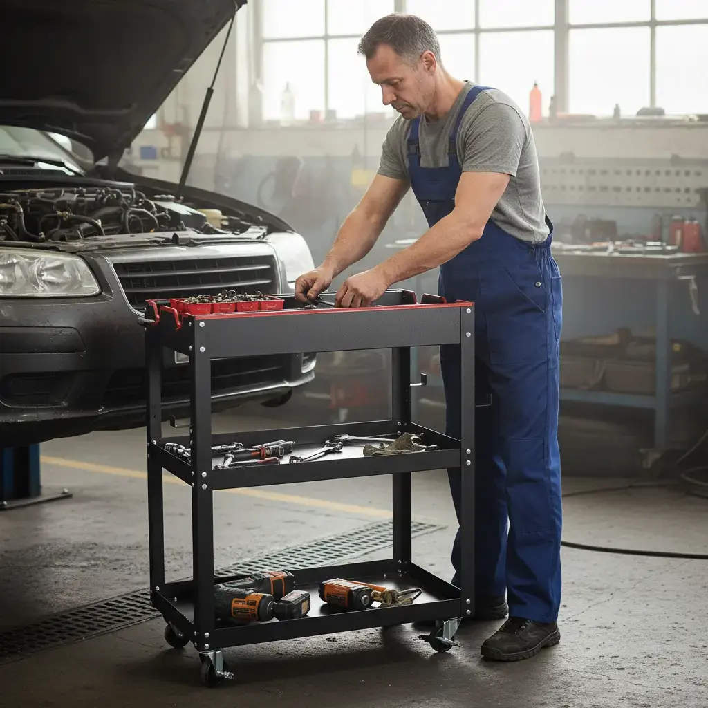 BROTHERS 3 Tier Metal Tools Cart Trolley (Heavy Duty) ترولي برازرز نظام كاركير 2 درج معدن لون اسود * احمر BR/TOOL VEHICLE METAL