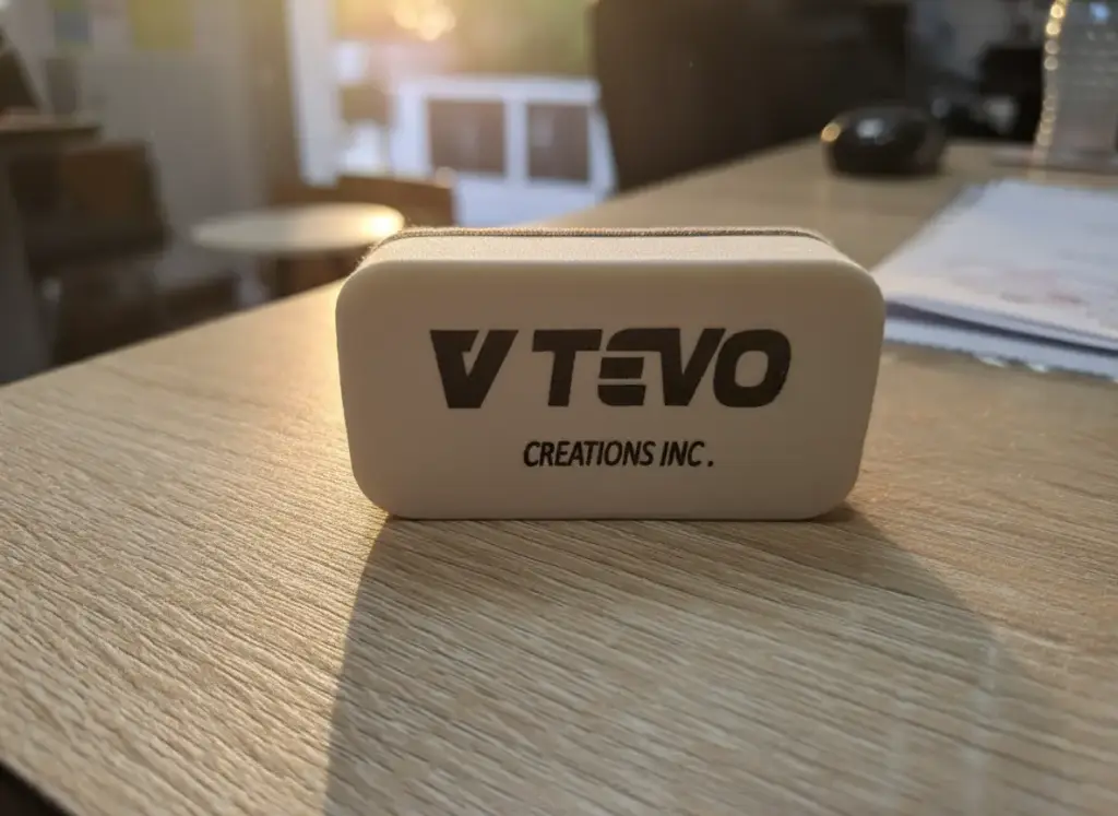 Side profile of V TEVO foam ceramic applicator pad placed on a wooden desk.