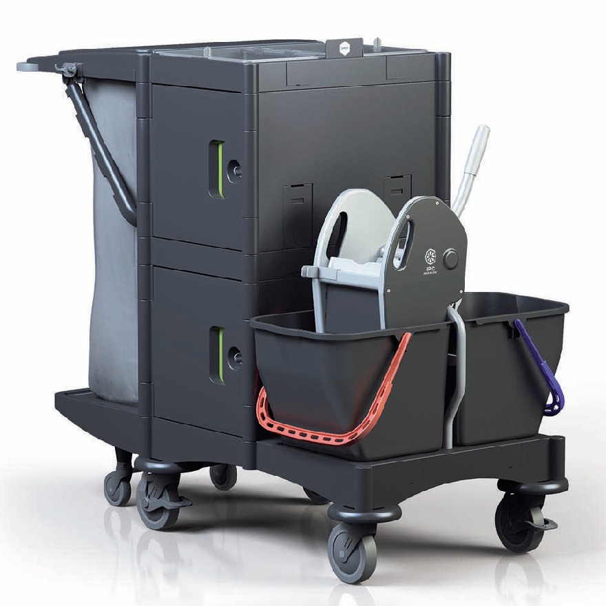 IPC BRIX SCHOOL Professional Locked Cleaning Trolley with Security Doors, 2x15L Buckets & 120L Bag Support